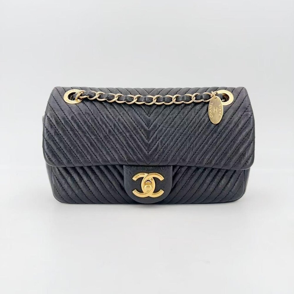 Chanel Calfskin Surpique Chevron Medium Flap